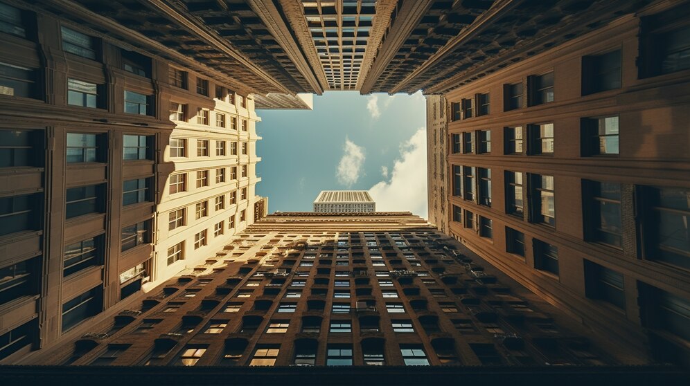 Tall residential buildings seen from below